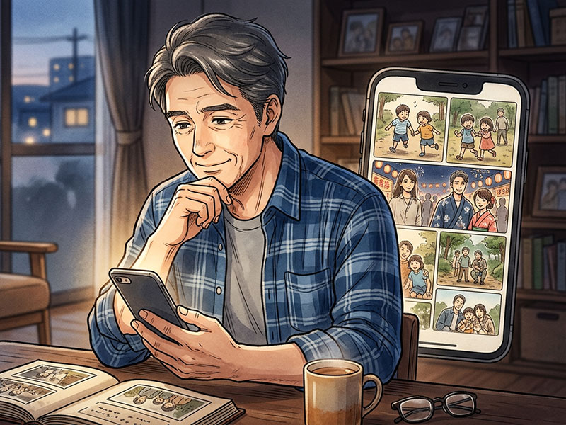 昔の画像を観てほっこりする男性